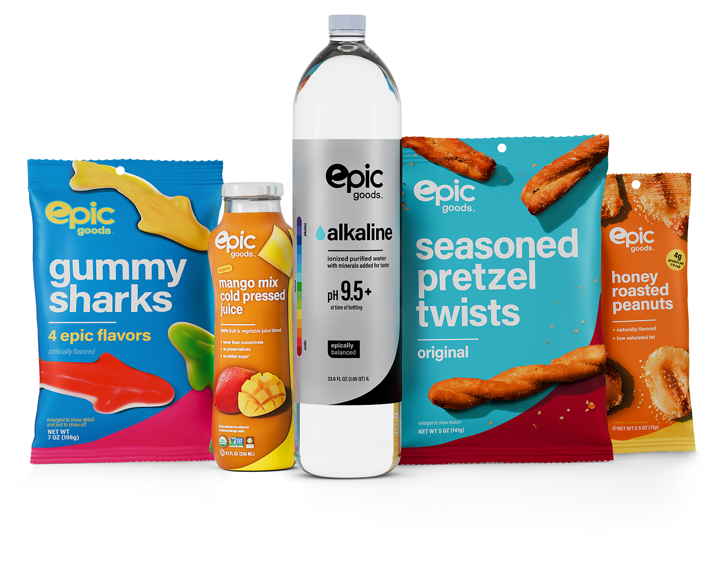 Epic Goods: Sour Gummy Belts, Pretzel Twists, Mango Juice, Nuts, Alkaline Water & Gummy Sharks.